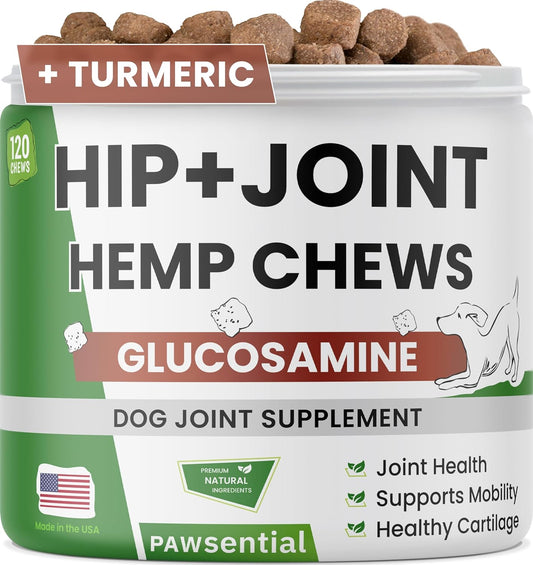 Advanced Hemp Chews | Dogs Hip Joint Pain Relief | Turmeric + Glucosamine | Hip & Joint Supplement Large Breed - Hemp Treats for Joint Health - Chondroitin MSM Hemp Oil Pills - Senior Dog