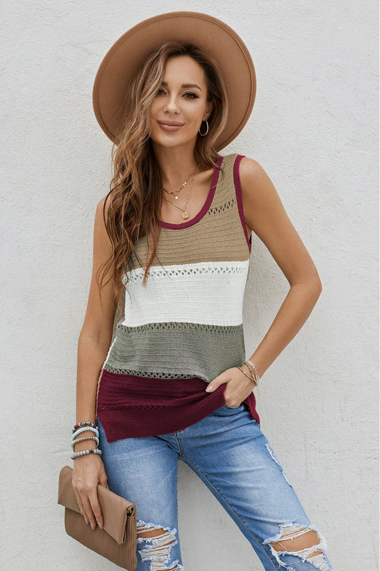 Summer Burgundy Color Block Round Neck Knitted Tank Top - Merch & Ice